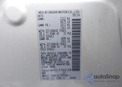 2015 Nissan Rogue Sl z USA, uszkodzony, nr VIN 5N1AT2MV7FC770728